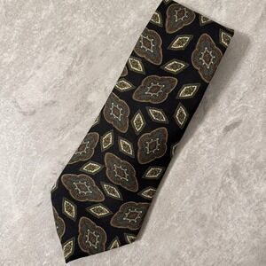 Vintage Oscar de la Renta Couture Silk Tie Black Gold  Brown‎ Medallion EUC